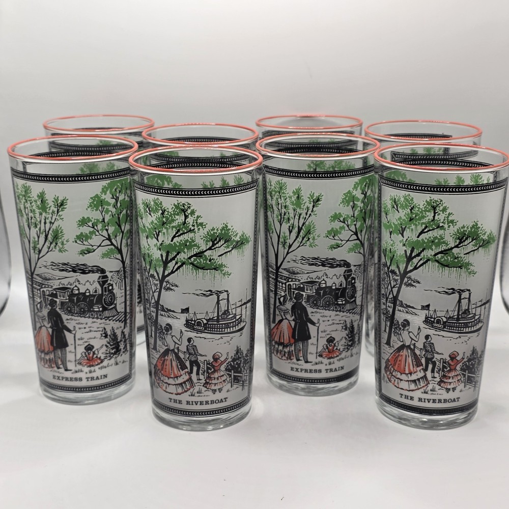 Vintage 1960’s Libbey Currier & Ives Glasses Riverboat Express Train Set of 8