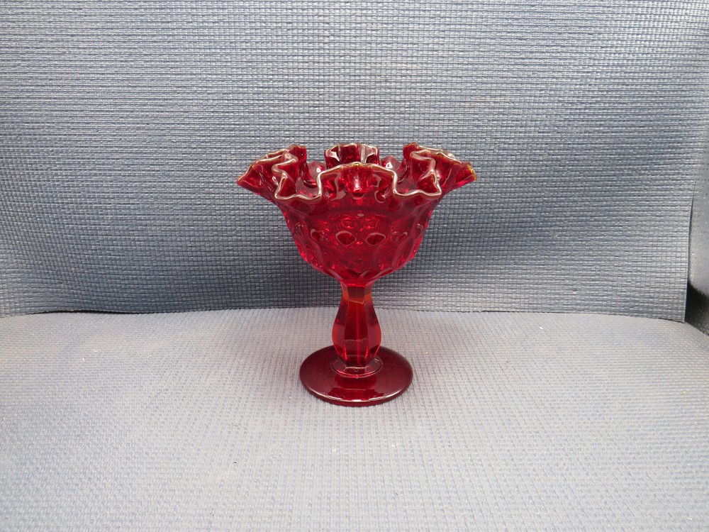 Fenton Art Glass Thumbprint Ruby Double Crimp Compote 6 1/8″T x 5 3/4″W