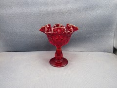 Fenton Art Glass Thumbprint Ruby Double Crimp Compote 6 1/8″T x 5 3/4″W