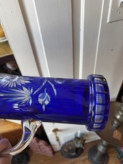 Vintage Bohemian Czech Cobalt Blue Cut to Clear Glass Pitcher and 6 Tumbler Set