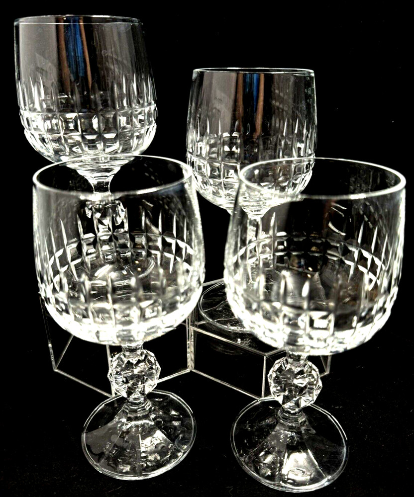 Belfast Bohemia Crystal Wine Glasses Four (4) 5.75″ Cross Cut Faceted Ball Stem