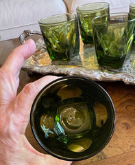Vintage Mid Century Modern Vanity Green Arch & Panel Lowball Whisky Glasses