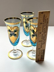 3 Vintage Turquoise Tre Fuochi Murano Cordial Glasses Gold Gilt ( 1 Has Crack)