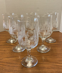 Set of 6 Vtg Libbey’s Arby’s Tulip-shaped White Frosted Pine Tree Goblets – EUC