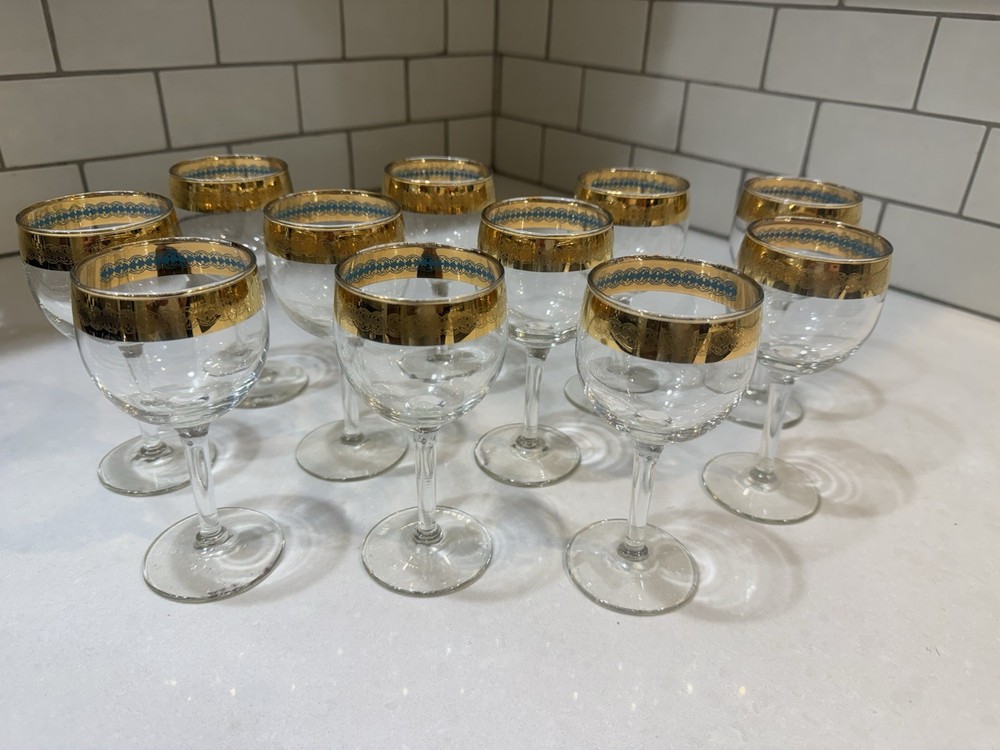 Set of 11 Vintage Wine Glasses Antique Gold & Turquoise Rimmed Barware – Crystal
