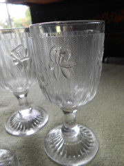 JEANNETTE Glass IRIS Sherry Set 3 Wine Goblets c1928-32, 4.25″ h EAPG