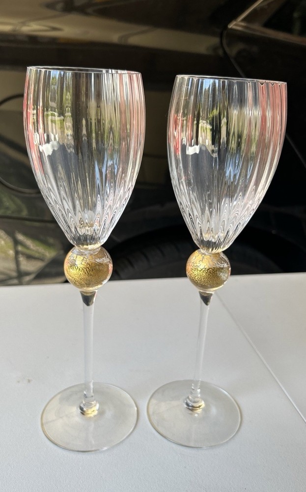 Set Of 2 Union Street Glass MANHATTAN Champagne Glasses Gold Ball, Signed 1991
