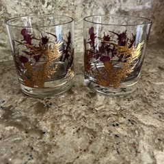 Gregory Duncan Purple Thistle Pattern 3″ Glass Tumbler Set 2 EUC