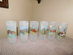 Hand Painted Frosted Drinking Glass Set Covered Bridge Watermill Mailbox Signed