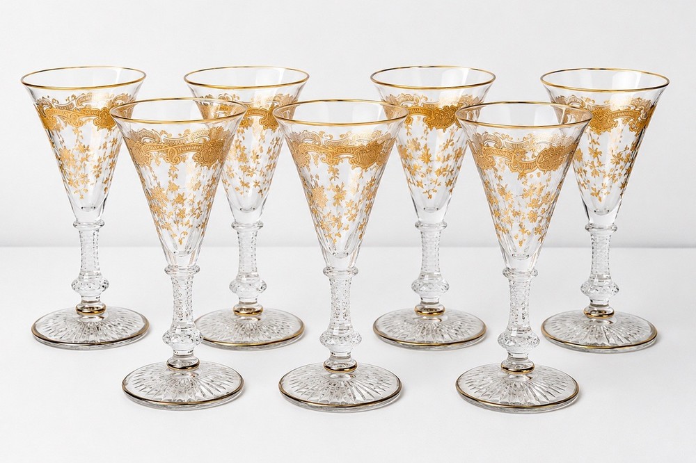 ST LOUIS Massenet Clear Gold Encrusted – Crystal Sherry Glasses – Set of 8