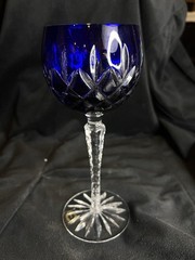 AJKA ARABELLA HOCK WINE Glass CUT TO CLEAR COBALT BLUE CRISS CROSS VERTICAL CUT