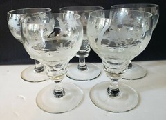 Vintage Crystal Claret Wine WOODLAND WILD ANIMALS FOREST TREES Etched SET of 5