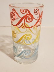 VINTAGE MID CENTURY WAVES DESIGN JUICE GLASS TUMBLER MULTI-COLOR ON CLEAR