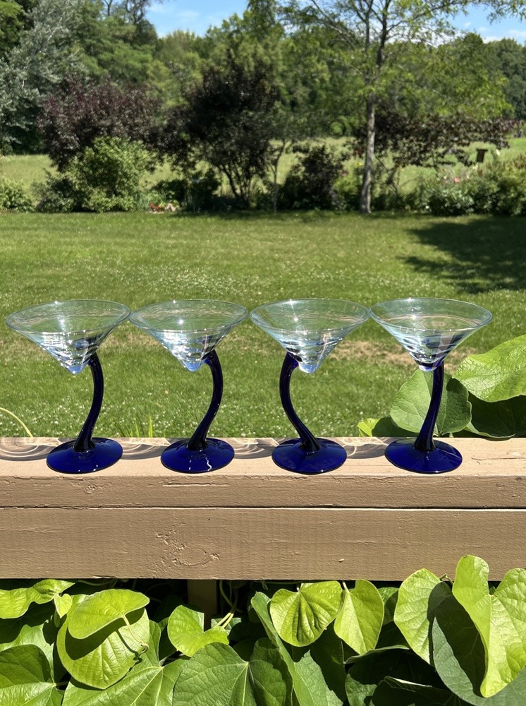 Vintage Libbey BRAVURA Martini Glasses, Set Of 4, Clear And Cobalt Blue