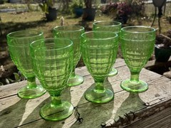 Hazel Atlas Glass COLONIAL BLOCK Uranium Green Goblets 5.5” Depression 395 Set 6