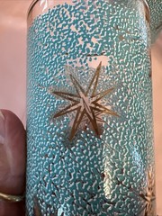 Vintage Libby Atomic Starburst Turquoise Blue Gold MCM Glass Tumbler Set 4 Box