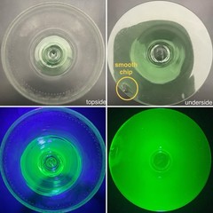 Fostoria Uranium Glass 2pc Etched Stem Wine Glasses c1930s Made in USA 7″t 8oz