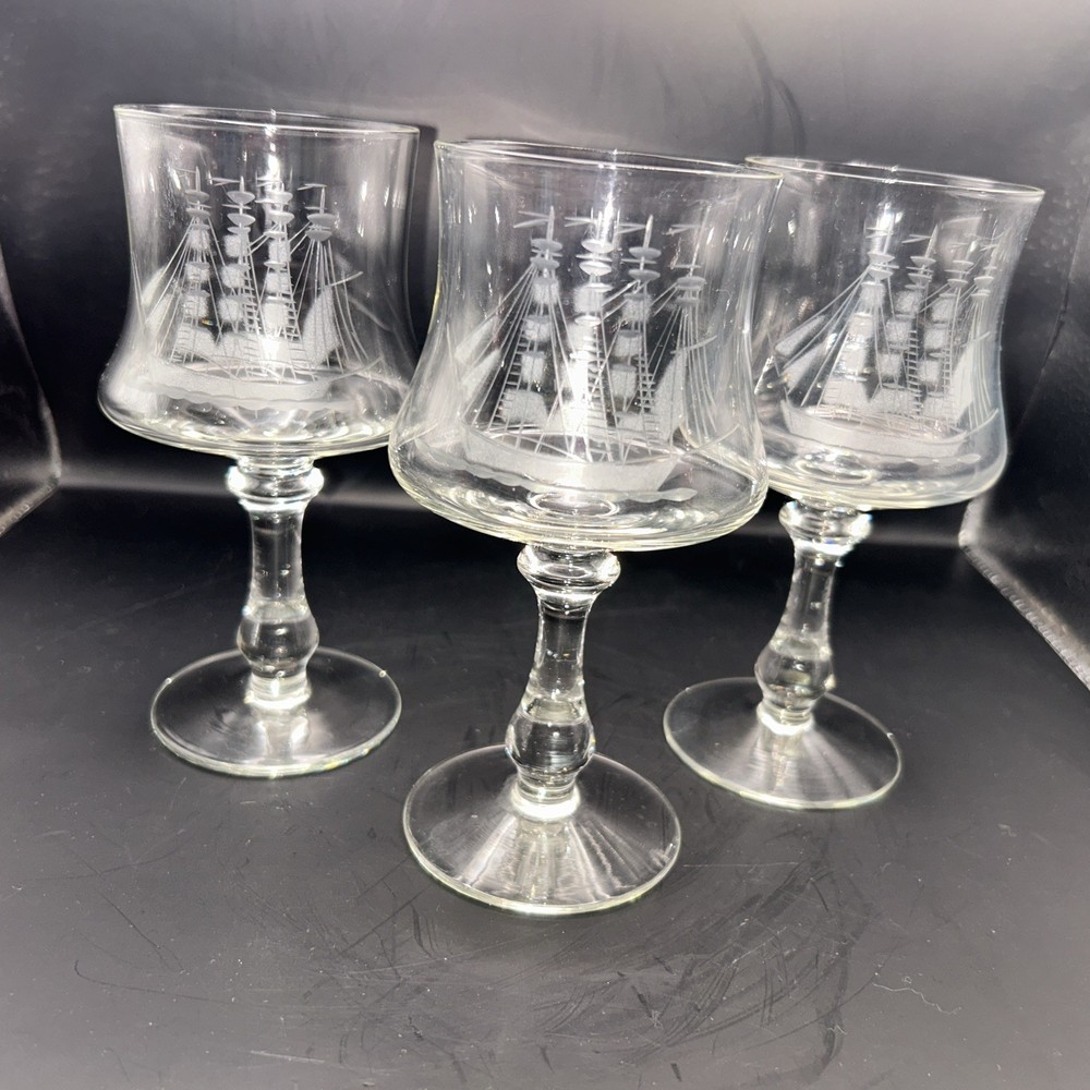 Crystal barware tulip shape clear Glasses ETCHED SHIP Nautical Ocean Set Of 3