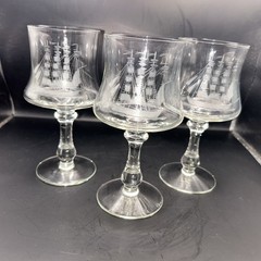 Crystal barware tulip shape clear Glasses ETCHED SHIP Nautical Ocean Set Of 3