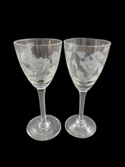 Set of 2 Etched Floral Cordial Glasses Clear Smooth Stem 5 1/2″
