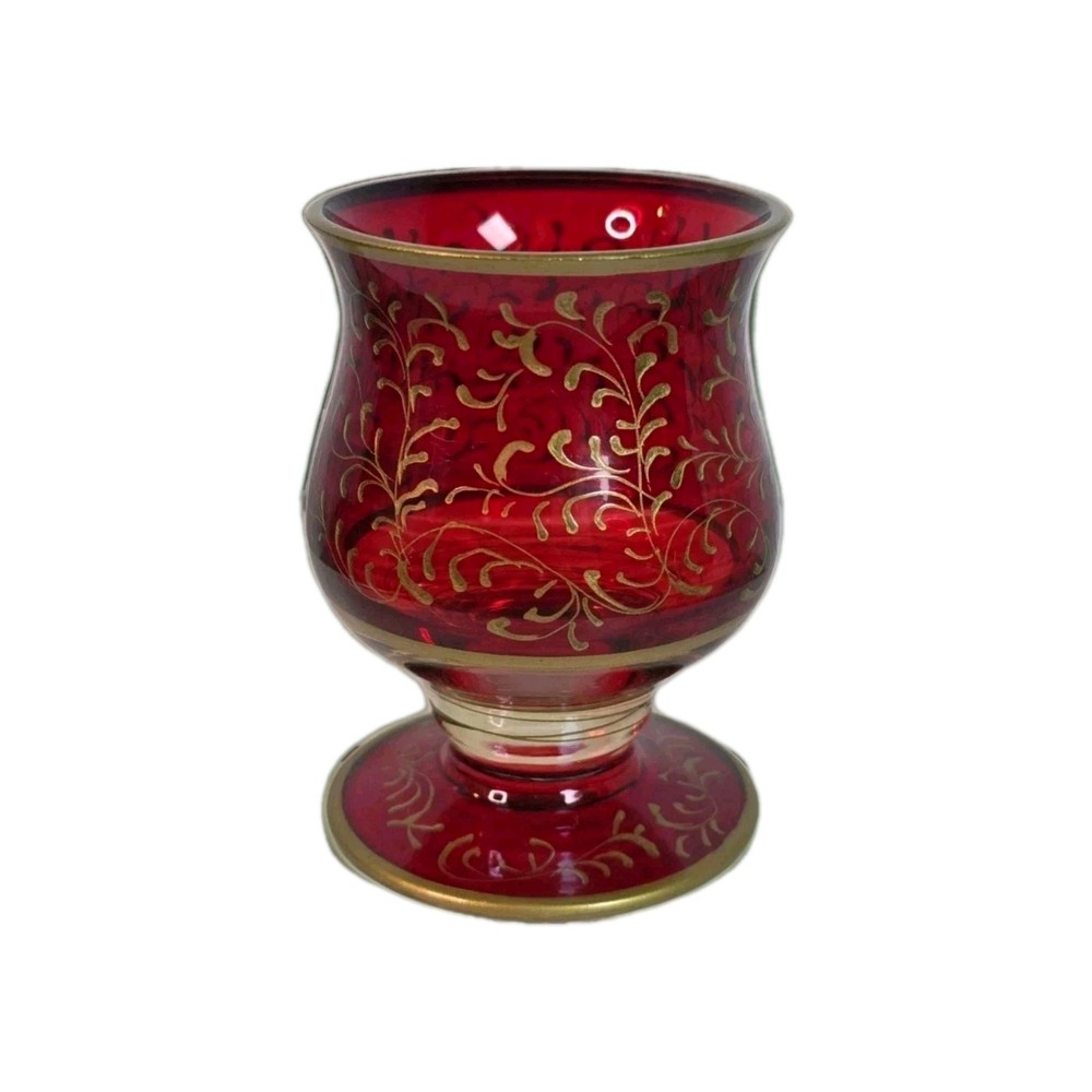 Vintage Bohemian Ruby Red Flashed with Gold tone filigree paint moriage Glass