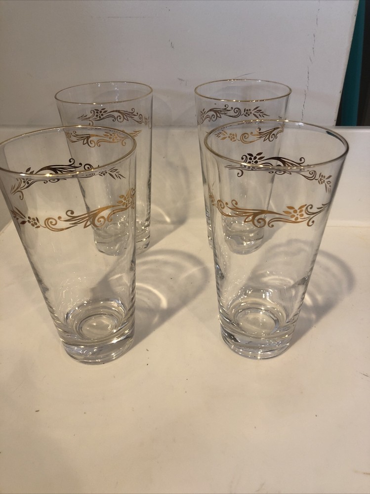 4 Vintage Gold Floral Scroll Heavy Bottom Cocktail Glasses
