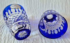AJKA CHRISTMAS COBALT BLUE LEAD CRYSTAL VODKA SHOT GLASS, SET OF 2, MARKED