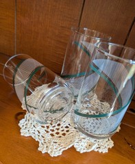 Vintage, MCM Green Swirl/White Ribbed Clear Tumbler , Baird 4.75 In Set Of 3