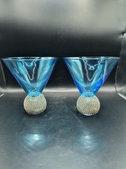 2 Blue Crystal Diamond Studded Martini Glasses