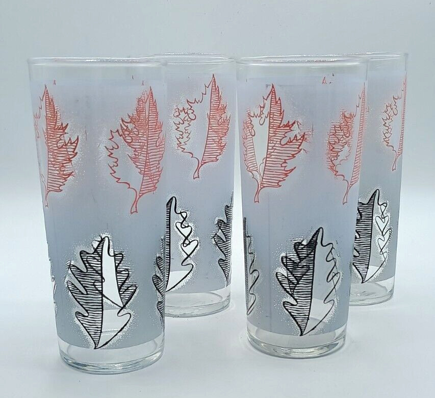Vintage Libbey Frosted Pink Black Leaf Tom Collins Tumblers Glasses Set 4 Bar