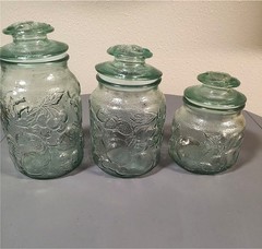 RARE FIND (ALL 3) Vintage Libbey Orchard Fruit light aqua-green canisters