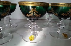 6 Tiffin-Franciscan ‘Green Bouquet’ Gold Encrusted Crystal Champaign Fruit Cups
