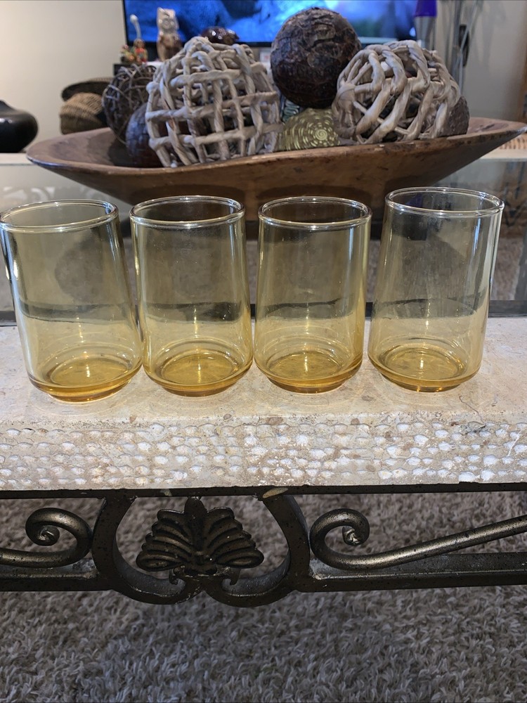 Vintage 70s Libbey Yellow/Amber 3.75” Glasses Set of 4 Retro Juice MCM Mid Centu