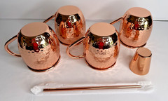WOODCREST & MAPLE Hammered Copper Moscow Mule Mugs 4 mugs Shot glass and Straws