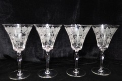 MORGANTOWN PICARDY RICHELIEU CIRCA 1950 ETCHED ROSES 4 WATER GOBLETS 7″ TALL