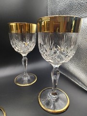 Vintage Crystal Wine Glasses 24K Gold Plated Bands Set Of 4
