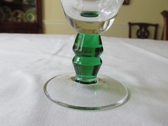 Set 3 Vtg Blown Crystal 8oz Wine Glasses w/Emerald Green Split Knob Stem 5 1/2″