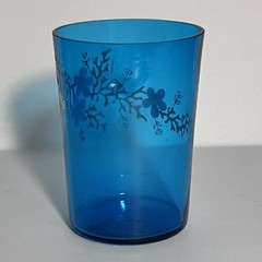 Antique VICTORIAN DRINKING Glass / AQUA BLUE With ENAMELED FLOWERS / Small Flaw