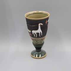 Vintage Ceramic Glazed Stoneware Pedestal Goblet Multicolor 4.75″