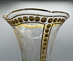 Moser/Harrach Bohemian-Green To Clear-Tulip Intaglio Cut Glass Vase-13″