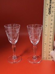 Set Of 2 Vintage Clear Etched Floral Crystal Cognac Cordial Glasses
