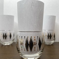 Vintage Federal Glass MCM Gold Black Harlequin Roly Poly Atomic Set of 3 Barware