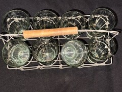 Mid Century Modern Set Of 8 Four Oz Cutting Chai Glasses & Metal Wire Caddy Wood