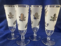 Vintage Libbey Silver Foliage Footed Pilsner Set If 4 MCM Frosted Pattern, 1950s