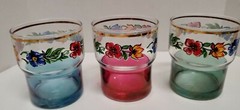 3 Mid Century Painted 4 Oz Juice Glasses w/ Colored Stacking Bases Pre-owned
