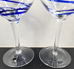 (2) Pier 1 Swirline Cobalt Water Goblets Set Elegant Blue Swirl Stemware Bar Lot