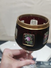 Wine Glass Hock Goblet Bohemian Red Cut to clear Crystal cabochon roses enamel