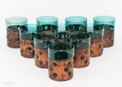 10 RARE Vintage MCM Copper Green Glass Whiskey Old Fashioned Rocks Tumblers 8 Oz