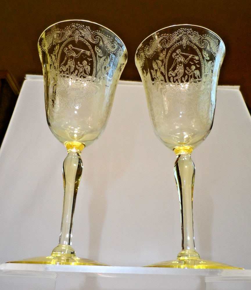 2 Tiffin Lotus Glass Co. Sherry / Wine Stems w/ Springtime Etch Flutist & Angel