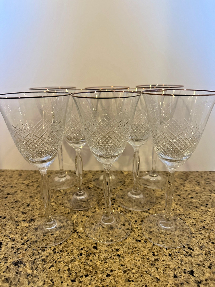 Mikasa Cathay Crystal Water Goblet Gold Rim Elegant Stemware Set of 8